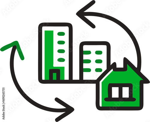 Circular arrow diagram showing a transition from commercial buildings to a residential house representing urban development or property exchange concepts