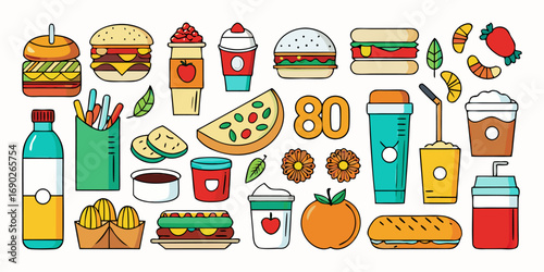 A high-resolution flat-lay image of 80 realistic food and drink items arranged in neat rows on a clean white background. The items include fresh fruits like cherries and apples, dairy products like ch