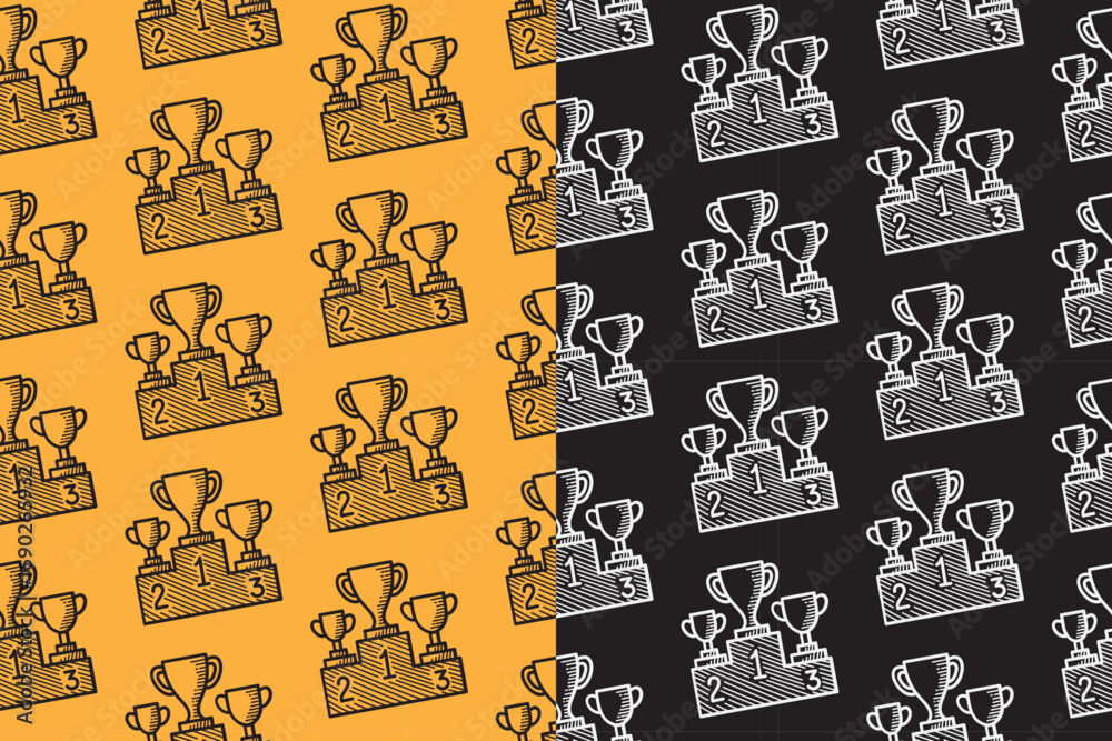 Fototapeta premium Winner podium with trophy engraving seamless pattern on yellow black background for merchandise. Award podium line art doodle pattern background. Victory podium hand drawn motif wallpaper