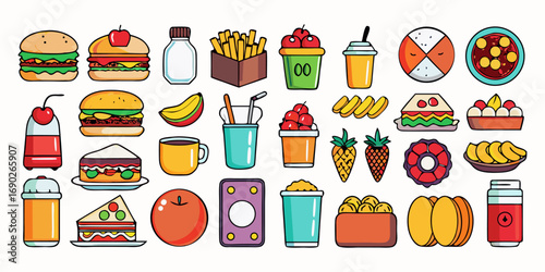 A high-resolution flat-lay image of 80 realistic food and drink items arranged in neat rows on a clean white background. The items include fresh fruits like cherries and apples, dairy products like ch