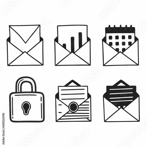 Collection of six open envelopes with different icons hand drawn vector illustration