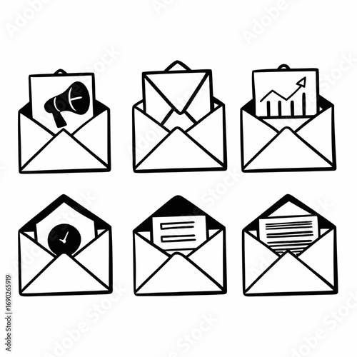 Collection of six open envelopes with different icons hand drawn vector illustration
