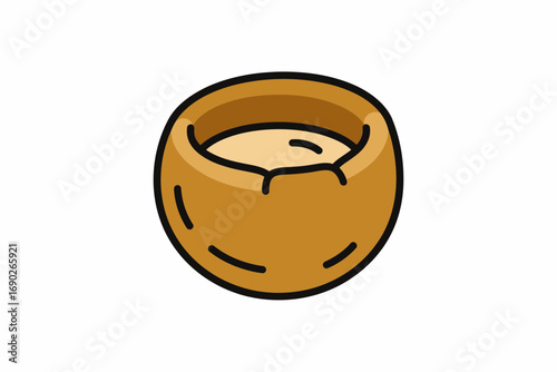 A cartoon illustration of a coconut shell filled with a light-colored liquid.