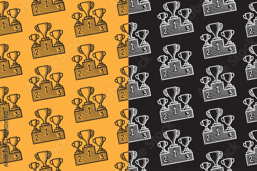 Winner podium with trophy engraving seamless pattern on yellow black background for merchandise. Award podium line art doodle pattern background. Victory podium hand drawn motif wallpaper