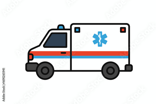 A white ambulance with blue star of life symbol and red and blue stripes, shown in a side view.