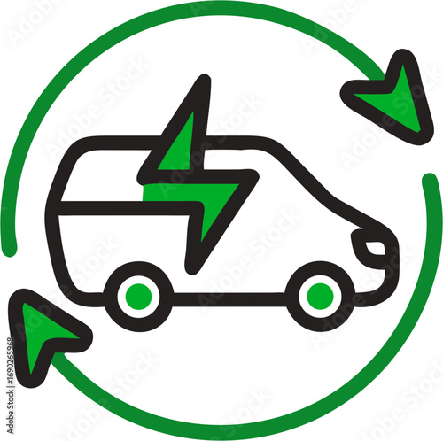 Electric vehicle charging station with renewable energy source symbol and circular arrows indicating a sustainable transportation cycle