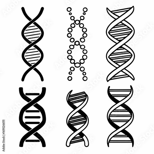 Collection of six hand drawn dna helix genetic code, heredity, molecule, and science