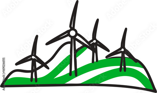 A stylized illustration depicting multiple wind turbines in an abstract landscape with green wavy lines representing hills or fields generating clean energy