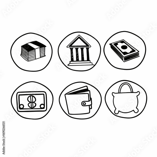 Hand drawn finance icons set of money, bank, wallet, and other finance icons