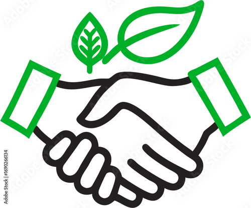 Professional handshake icon symbolizing agreement partnership green leaves representing sustainability and environmental cooperation collaboration
