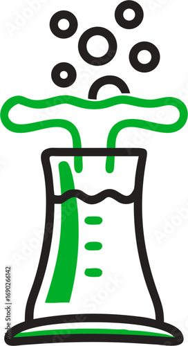 Chemistry experiment flask bubbling liquid reaction with green foam and dark circles showing scientific research or laboratory exploration