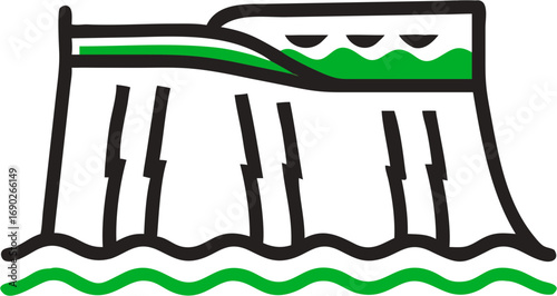 Hydroelectric power generation from a dam with falling water and waves representing energy and renewable resource development