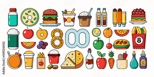 A high-resolution flat-lay image of 80 realistic food and drink items arranged in neat rows on a clean white background. The items include fresh fruits like cherries and apples, dairy products like ch