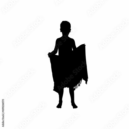 Silhouette of a boy covering himself with a torn blanket isolated on white background