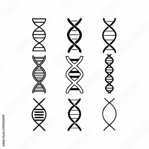 Collection of nine different dna icons, representing genetics and heredity