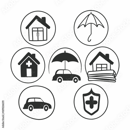 Insurance coverage icons depicting protection of home, car, health, life, and property