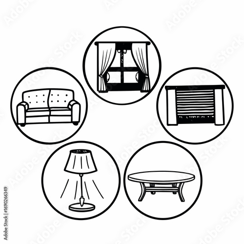 Interior design elements arranged in circles, featuring furniture and window coverings