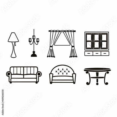 Living room furniture set, including sofa, table, lamp, and other decor items