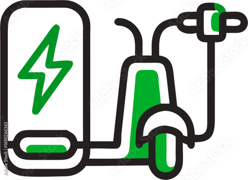Electric scooter charging station with a prominent lightning bolt energy symbol on its display indicating power and renewable transportation