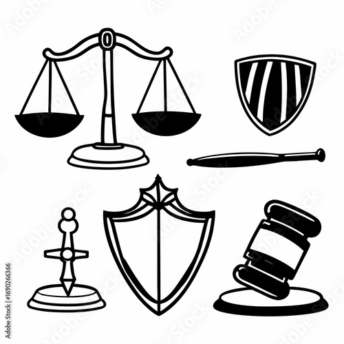 Law and justice icons, featuring scales, gavel, shield, and other legal symbols
