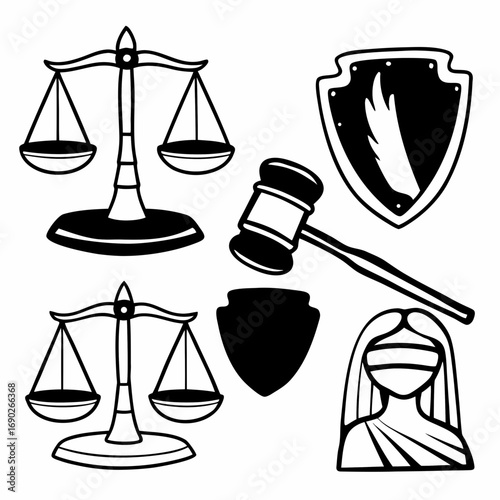 Justice and law symbols, including scales, gavel, shield, and blindfolded woman