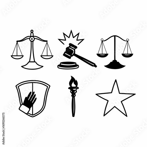 Black and white justice and law symbols featuring scales, gavel, shield, torch, and star