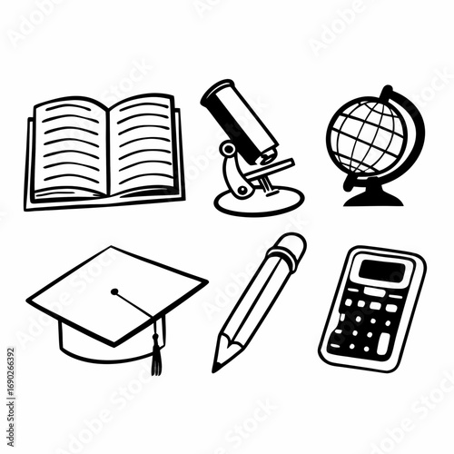 Illustration of education elements featuring a book, microscope, and globe