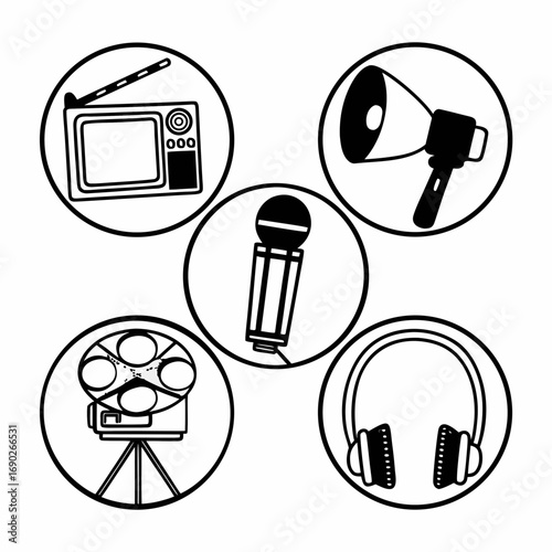 Media icons, including television, microphone, film reel, and headphones