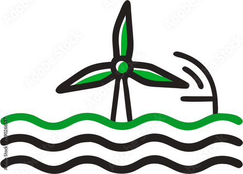Offshore wind turbine generating clean renewable energy over wavy ocean water for sustainable power generation and environmental protection