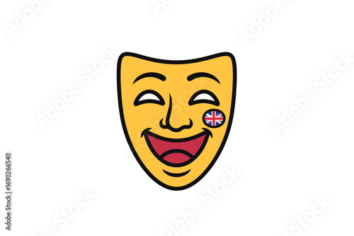 A cartoonish yellow comedy mask with a British flag sticker.