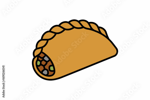 A savory pastry, possibly a Cornish pasty, filled with vegetables and meat, shown in a simple, illustrated style.
