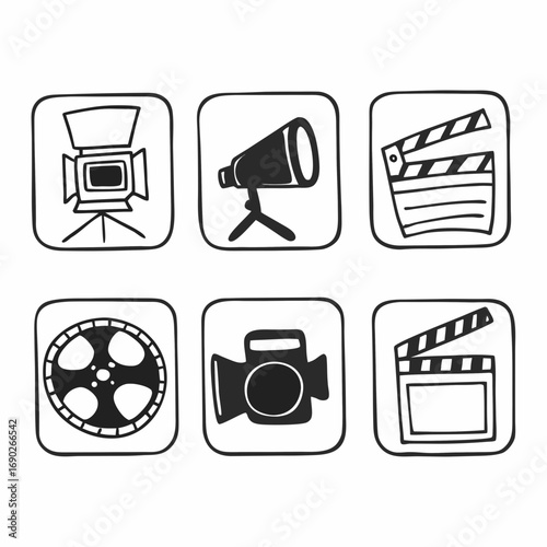 Set of filmmaking icons, including camera, clapperboard, spotlight, and film reel