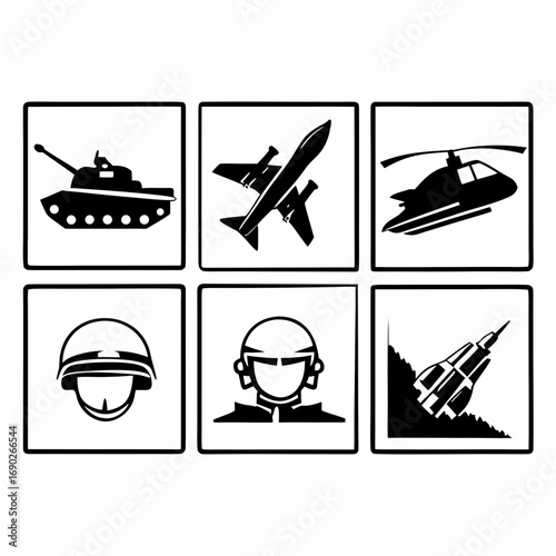 Collection of military icons, including tank, airplane, helicopter, and missile