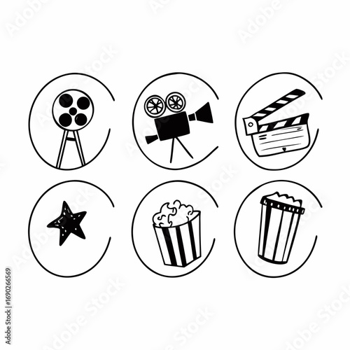 Hand drawn icons of film reel, camera, clapperboard, star and popcorn