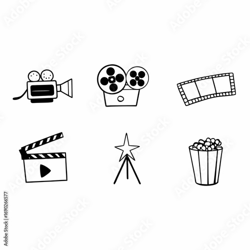 Movie icons set hand drawn vector illustration of cinema related objects