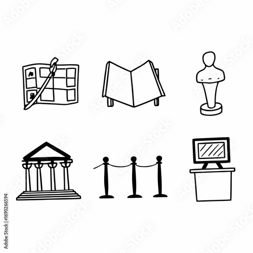 Museum icons set hand drawn vector illustration of art gallery objects