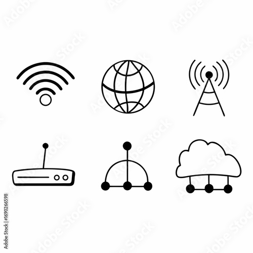 Collection of network and internet icons in black outline in vector format