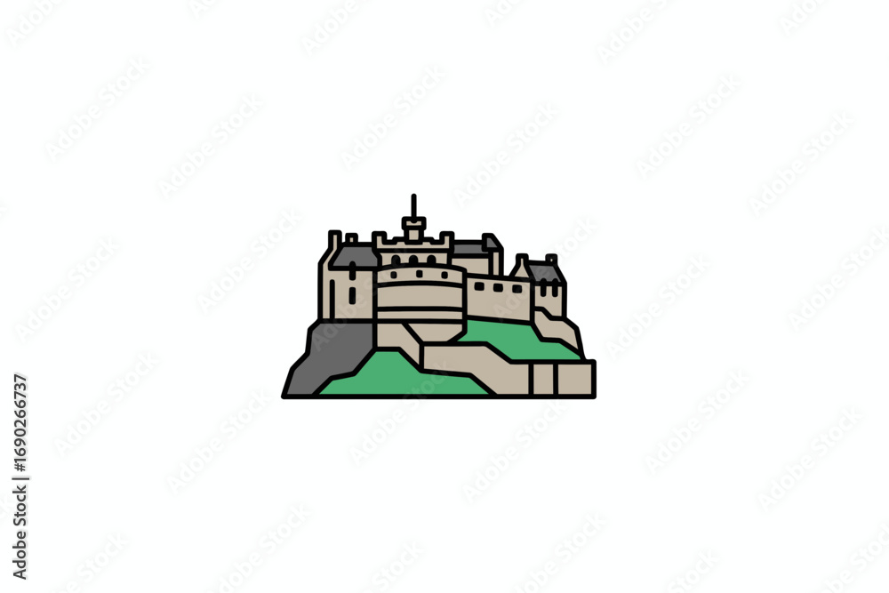 Obraz premium Outlined illustration of Edinburgh Castle, situated on a hilltop.