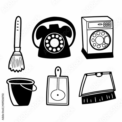 Six hand drawn icons representing different household objects, vector illustration