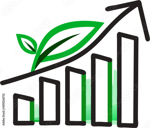 A growing chart graph with green leaves and an upward arrow symbolizing business growth financial success and sustainable development