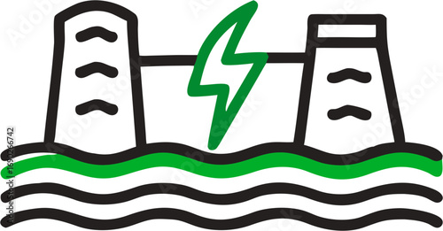 Modern abstract illustration of a hydroelectric power generation facility with two towers connected by a power line and a lightning bolt symbolizing electricity production