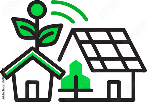 Smart eco-friendly sustainable housing concept with green renewable energy technology and growing plant for environmental awareness