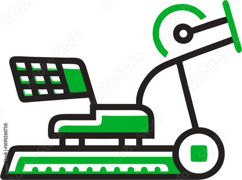 This illustration depicts a ride on floor scrubber machine with a green seat and basket perfect for cleaning large commercial spaces