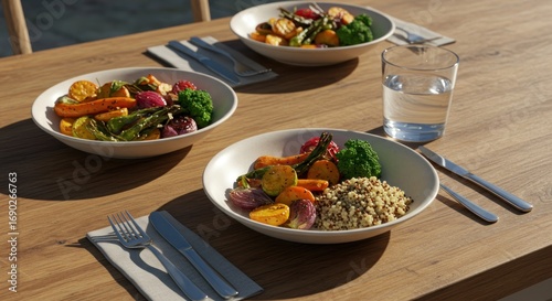 Three bowls of roasted vegetables and quinoa on a wooden table with cutlery