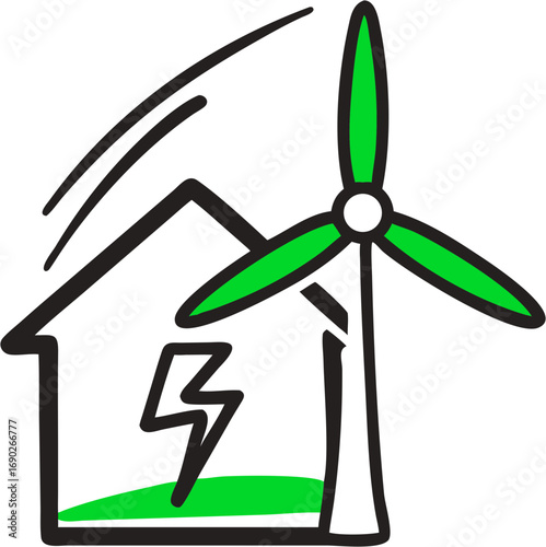 Renewable energy powering home concept with wind turbine symbol electric charge and green sustainable power generation for future