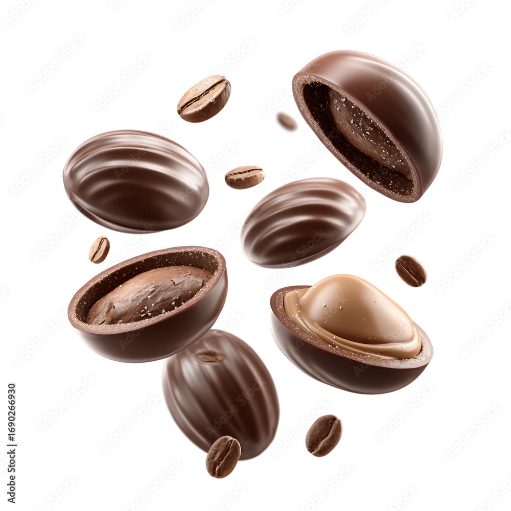 Fototapeta premium PNG, Dubai chocolate, set of levitating chocolate candies with filling isolated on with white background