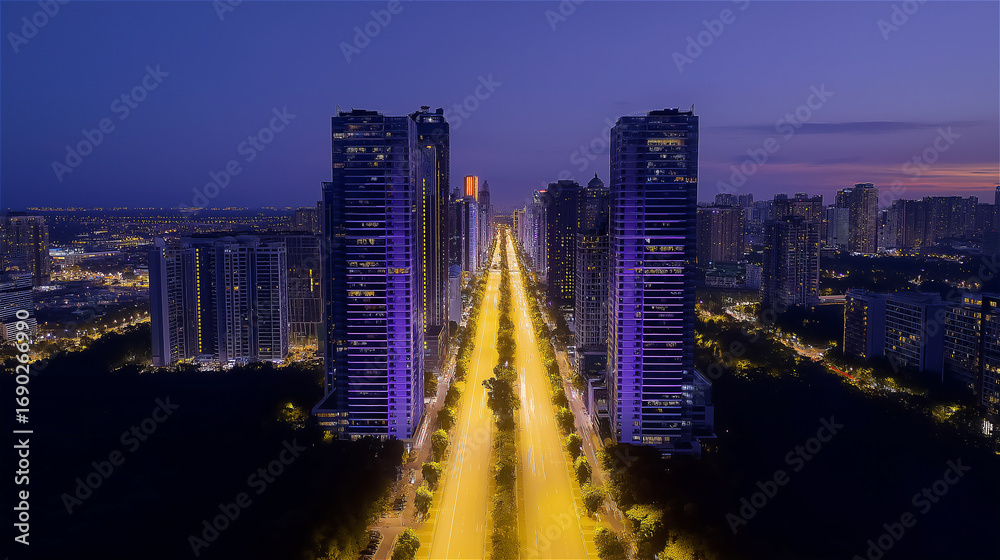 Fototapeta premium Aerial night view of illuminated city street with glowing skyscrapers on both sides, symbolizing urban lifestyle, business growth, modern architecture and city infrastructure.