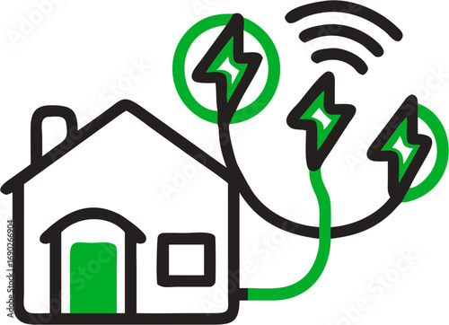 Smart home energy management system showing a house connected to wireless power and lightning bolt symbols representing electricity distribution and consumption