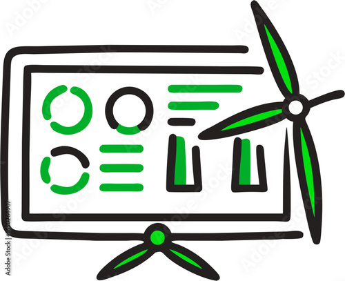 Renewable energy technology dashboard screen showing wind turbine performance data and sustainability metrics for environmental monitoring