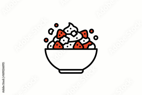 A simple graphic illustration of a bowl of strawberry dessert with whipped cream.